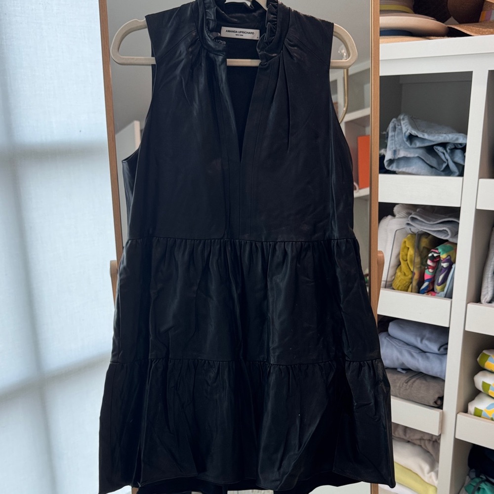 Black Sleeveless Ruffle Leather Dress